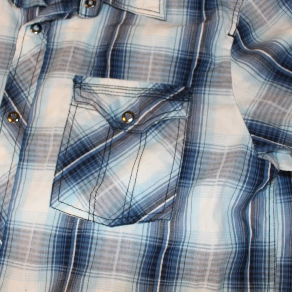 Skully Shirt Mens‎ Medium Blue Plaid Long Sleeve Snap Up Lightweight Western